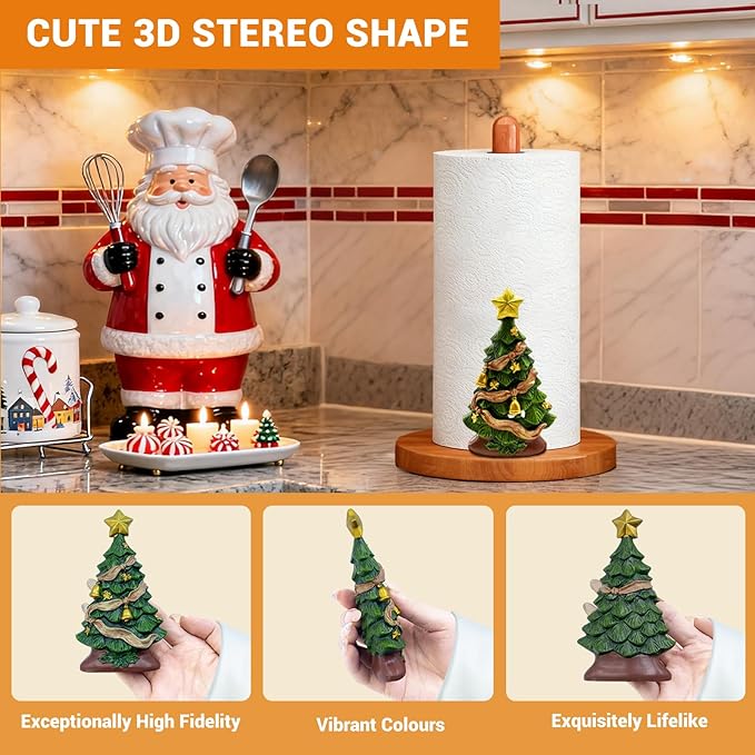 GAJ Christmas Decorations Paper Towel Holder Countertop, 3D Christmas Tree Kitchen Counter Decor, Cute Resin Wooden Stand for Bathroom&Home Indoor Table, Winter Xmas Gift for Women, Housewarming Gifts