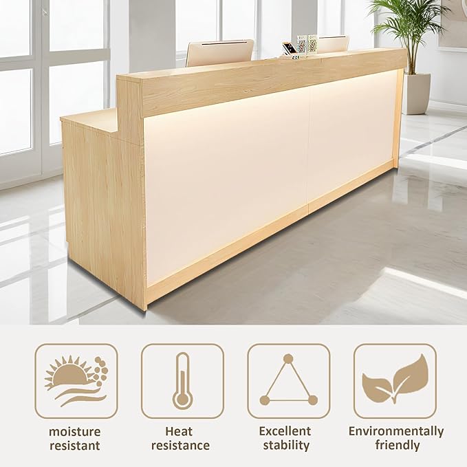 Modern Reception Desk Front Desk with LED Strip Lighting, Lockable Drawers, and Versatile Storage for Office, Checkout (White Maple/Regular Type, 86.61" L*23.62" W*39.37" H)