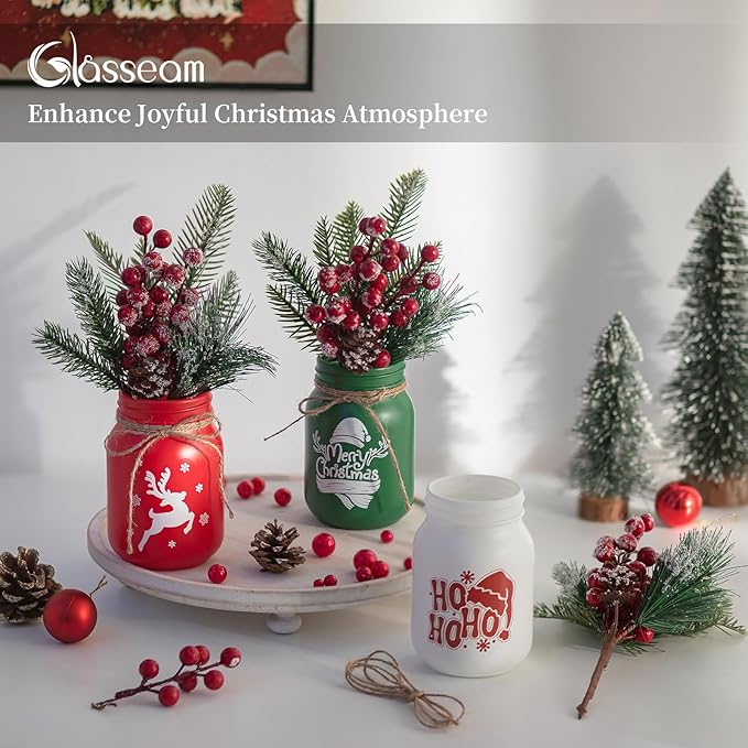 Glasseam Christmas Vases for Table Centerpiece: 3pcs Christmas Decorations Mason Jar with Artificial Flowers - Glass Flower Vases Set for Indoor Fireplace Mantle Home Decor