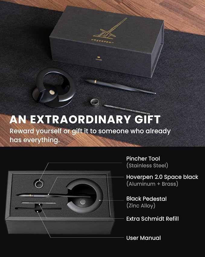 novium Hoverpen Interstellar - Space Black, Ballpoint Pen, 18K Gold-plated Pen Ring, 23.5 Degree Angle, Schmidt Ballpoint Refill, No Spills, No Spotting, No Explosions