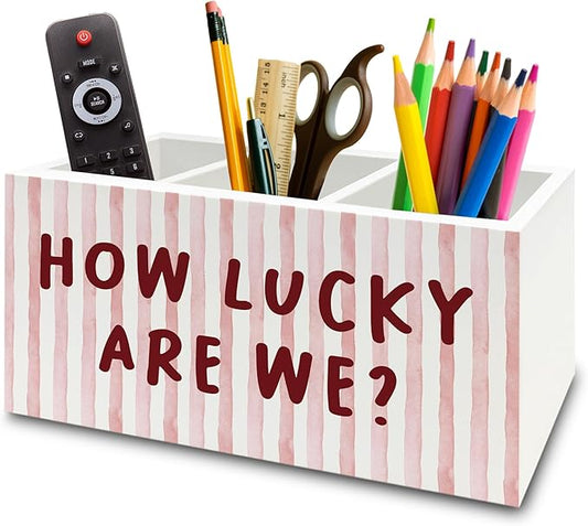 Pink Inspirational Pen Pencil Holder Organizer for Desk, Thank You Gifts for Women, Pink Striped How Lucky Are We Motivational Wooden Box Sign for Home Office Desk Tabletop Decorations