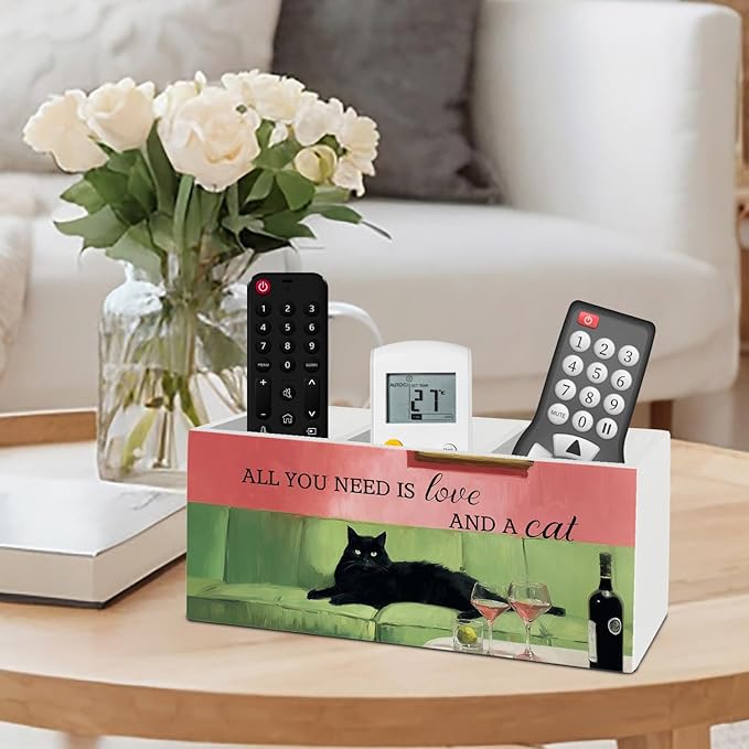 Funny Black Cat Cocktail Pen Pencil Holder Organizer for Desk Accessories, Trendy Whimsical Kitten Martini Wooden Box Sign Desk Decor for Office Decoration, Black Cat Gifts