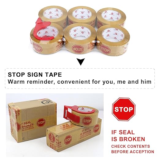 Stop Sign Sealing Tape Pre-Printed " IF SEAL IS BROKEN,CHECK CONTENTS BEFORE ACCEPTING" ,Heavy Duty Packing Tape with Dispenser 2 Inch x 110 Yards,Packaging Tape for Moving and Shipping (Brown)