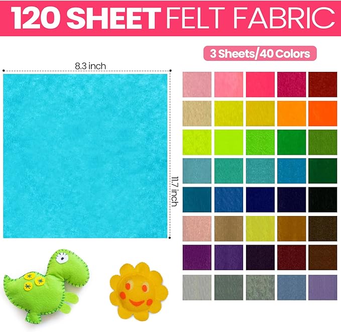 Reginary 120 Pcs 12 x 12 Inch Felt Sheets for Craft 40 Assorted Color Felt Squares Stiff Paper for Back to School Fall Thanksgiving Halloween Xmas DIY Craft Sewing Patchwork (Classic)