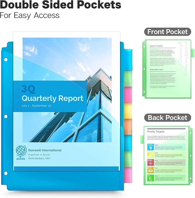 Dunwell 2-Pocket 8-Tab Divider Pockets, (6 Sets, 48 Count), 5 Colors, Plastic 8 Subject Notebook Tab Dividers for 3-Ring Binders, Includes Label Inserts, Durable Acid-Free Poly