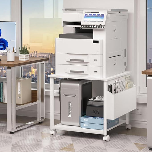 Lerliuo Large Printer Stand with Storage Shelf, 23.6 x 23.6 x 22.8 Industrial Printer Table for Home Office, Rolling Printer Cart Holder with Lockable Wheels, Mobile Mini Fridge Stand Table (White)