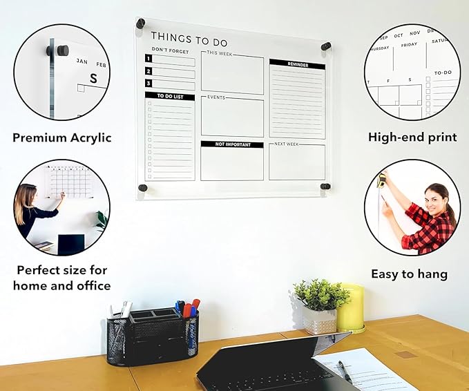 Acrylic Premium Wall Planner - Large Glass Calendar for Wall - to Do List Reminder - Large Dry Erase Board - Reusable Board for Office and Home - Dry Erase Board (Black Standoff, 28"x40" (XLarge))