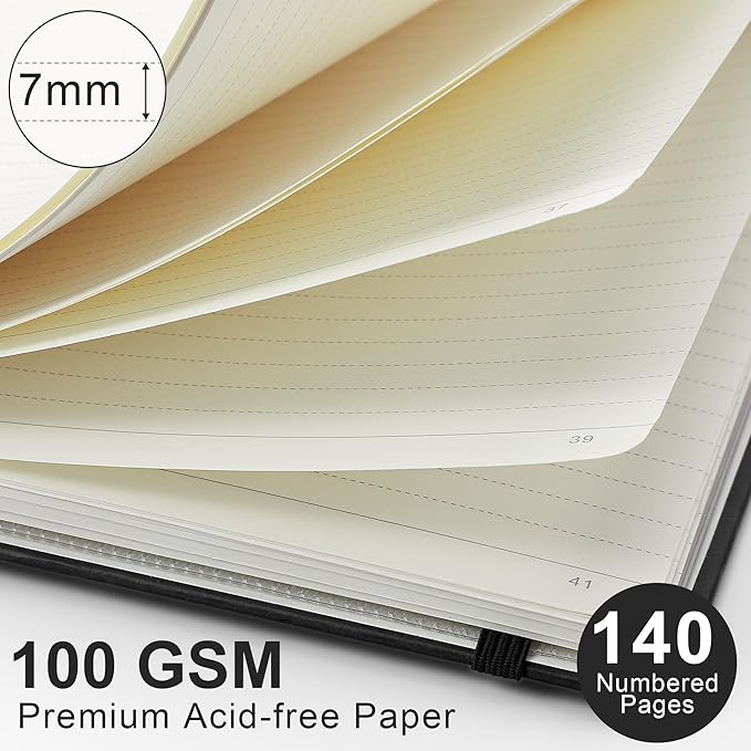 RETTACY Lined Journal Notebook, 140 Numbered Pages, A5 Medium Size (5.7'' x 8.3''), for Men & Women, Journaling, Writing, Work & Office, Spiral-bound, Hardcover, 100 GSM Thick Paper (Black)