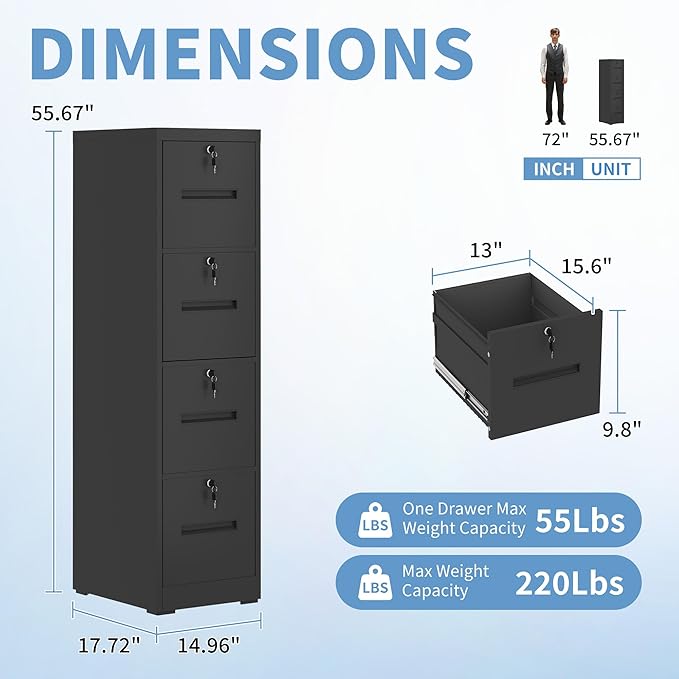 4 Drawer File Cabinet with 4 Lock, Metal Filing Cabinet, Heavy Duty Vertical File Cabinets for Home Office, Steel File Storage Cabinets for Letter/Legal File Folders, Assembly Required (Black)