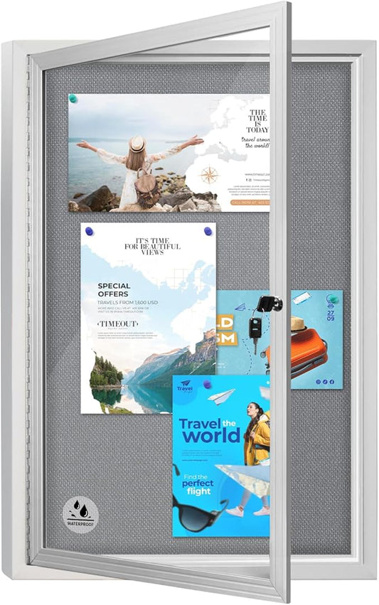 Outdoor Weatherproof Enclosed Fabric Bulletin Board,Noticeboard Case with Lockable Glass Door,Silver Aluminum Frame, 36x24 Inch (5xA4)