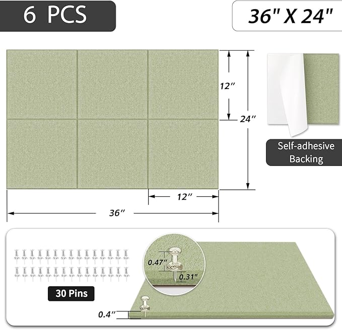 BXI Felt Bulletin Board - 36 X 24 Inches, 6 Pcs Self-Adhesive Decor Cork Boards with 30 Pushpins, Sturdy Acoustic Wall Panels for Office Work, Poster Pin Tiles for Teen Dorm Room Kitchen Classroom