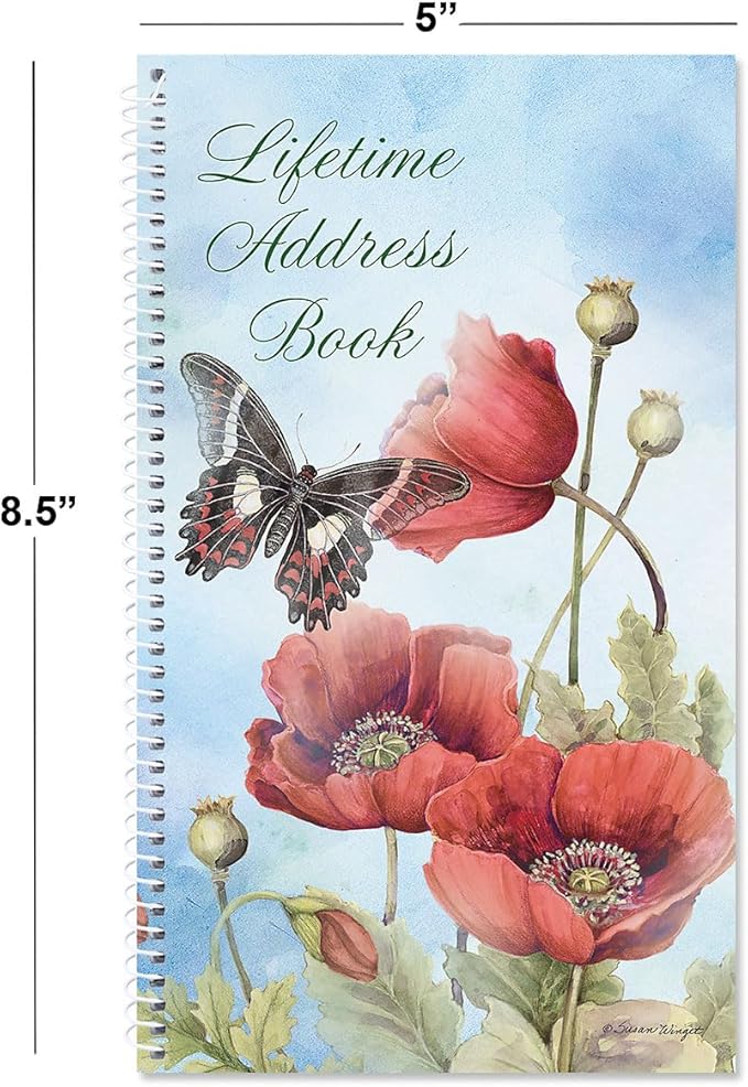 Current Red Spring Poppies Address Book-94 Pages; Small 5" x 8-1/2" Size for Purse or Office,Spiral Bound Soft Cover Organizer for Contacts, Addresses,Email, & Phone Numbers + 50 Replacement Stickers