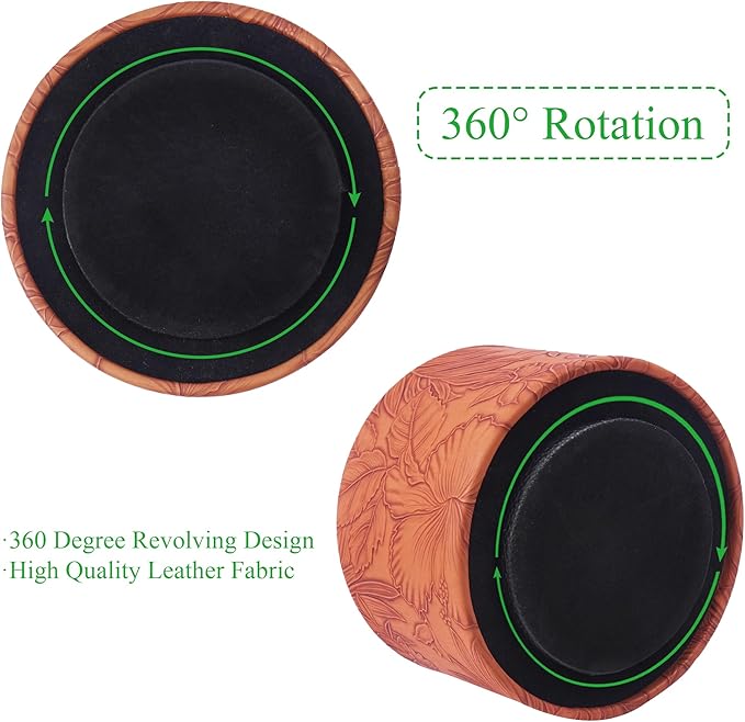 Hennaja Round Leather Art Supply Organizer,Remote Control Holder,360 Degree Spinning,Multi-Functional Pencil Holder,4 Compartments Desktop Stationary Organizer(1-Carved Brown)