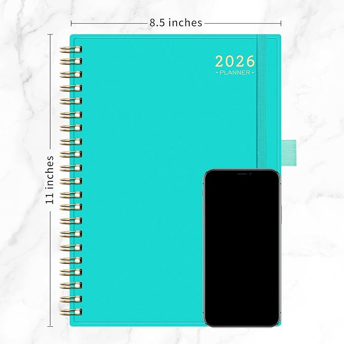 RETTACY 2026 Planner, Weekly and Monthly, Large Size (8.5" x 11"), Jan - Dec 2026, Agenda, Calendar, 12 Month Tabs, Flexible Plastic Cover, 100 GSM Thick Paper, Spiral-bound (Tiffani Blue)