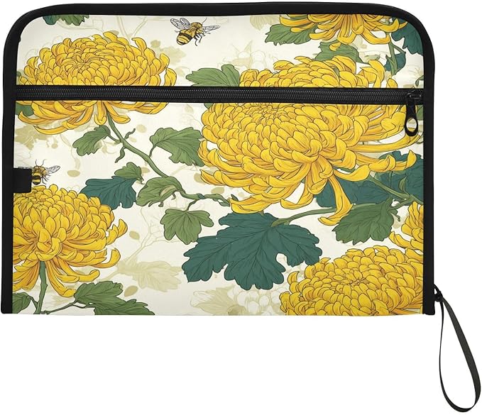 Bees and Fall Chrysanthemums Expanding File Organizer with 13 Pockets Accordion File Folders with Labels,Portable Document Paper Bill Receipt Organizer,Home College School Office Supplies, Lett