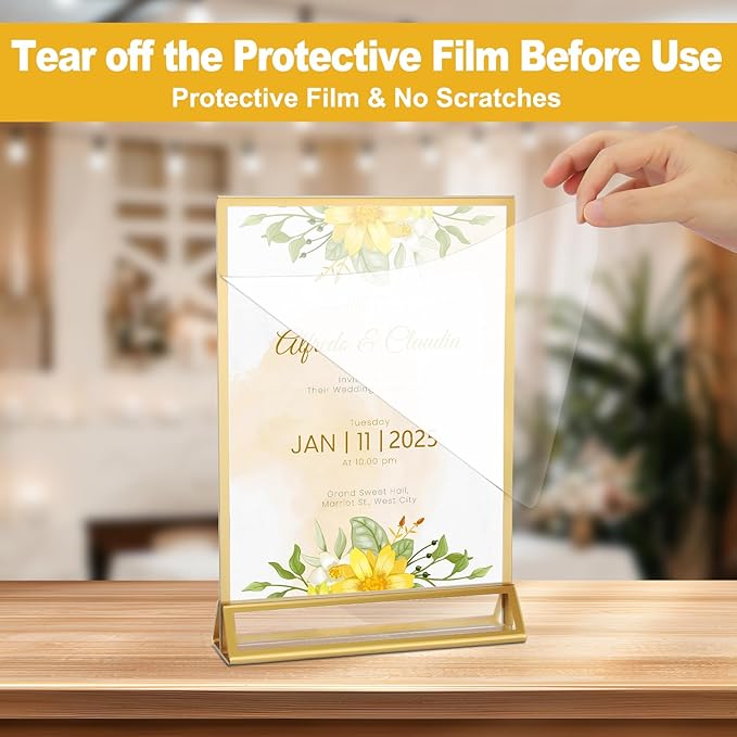 EHWINE 6 Pack Acrylic Sign Holder 4 x 6, Double Sided Gold Picture Frame Stand up Table Top Sign Holders, Clear Display Stand Menu Flyer Holder for Wedding Party