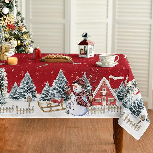 Horaldaily Christmas Tablecloth 52×70 Inch, Winter Snowman House Christmas Trees Red Washable Table Cover for Party Picnic Dinner Decor