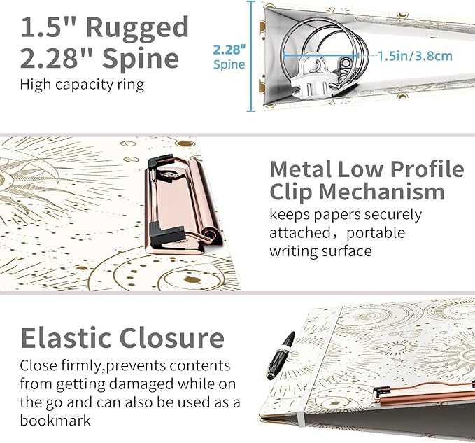 Ospelelf 3 Ring Binder, 1.5 Inch, Cute Letter Size (11" x 8.5") with 5 Tab Dividers, File Folder Labels and Low Profile Clipboards, Tarot Cards Binder for School and Office Supplies