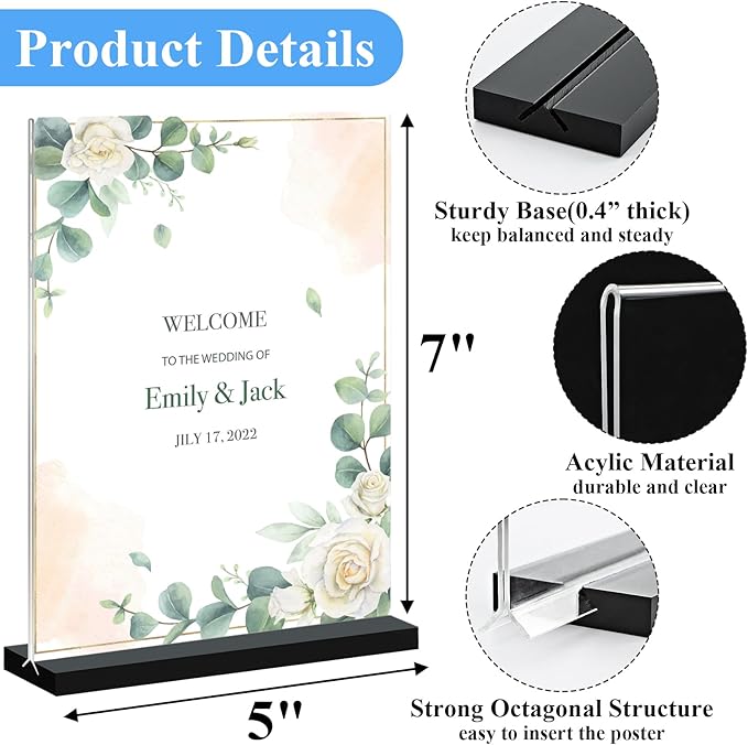Acrylic Sign Holder 5x7, 6-Pack Plastic Clear Vertical Double-Sided Menu Display Stand with Double-Sided Display, Perfect for Restaurants, Offices, Exhibits