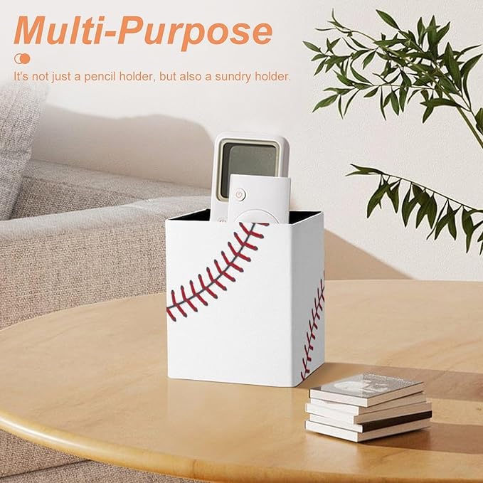 Square Pen Holder & Pencil Organizer for Desk - Office Storage Organizer, Markers/Makeup Brushes/Scissors Holder, Compact Desk Decor Accessories for Home Classroom School(Baseball Design)