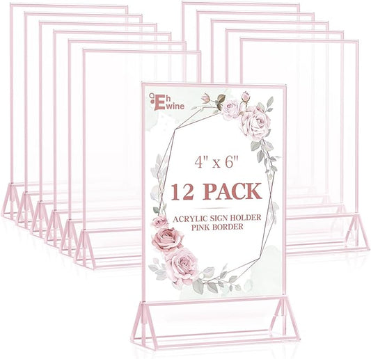 EHWINE 12 Pack Acrylic Sign Holder 4 x 6, Double-Sided Stand up Table Top Sign Holders, Pink Acrylic Picture Frame Menu Flyer Paper Holder Display Stand for Office Business Store Wedding Party