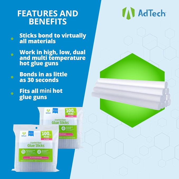 Adtech 100ct-2pk 2-100ct High Temp Mini Size Glue Sticks, 2 Pack, Clear