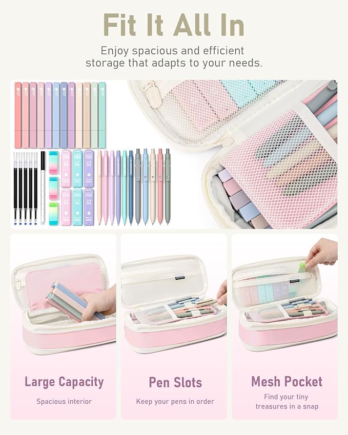 Four Candies 39 PCS Aesthetic School Supplies with Cute Pen Case, 12 Pastel Highlighters, 5 Black Ink Gel Pens, 6 Mechanical Pencils Set for Students Stationary College Essentials (Pink)
