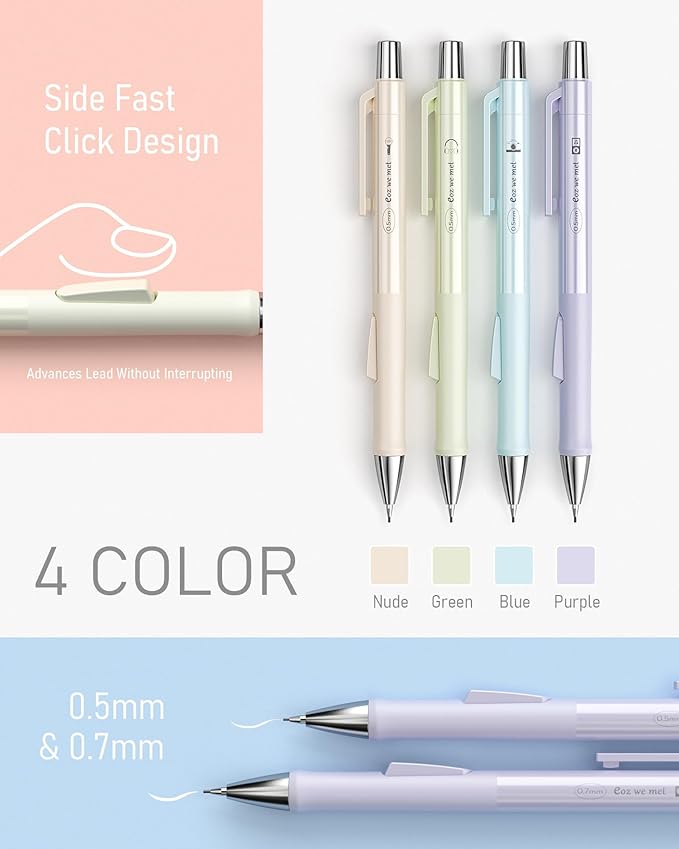 Nicpro 4 PCS Pastel Mechanical Pencil 0.7mm, Cute Fast Click Mechanical Pencils Set with 8 Tubes HB Lead Refills, Erasers, Eraser Refills for School, Student Writing, Drawing, Sketching - with Case