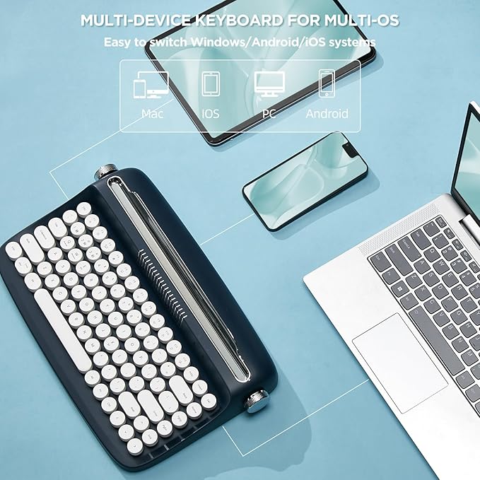 YUNZII ACTTO B303 Wireless Typewriter Keyboard, Bluetooth Connection, Cute Retro Aesthetic Design with Integrated Stand for Tablet, Phone, PC and Win/Mac/Android (B303, Midnight)