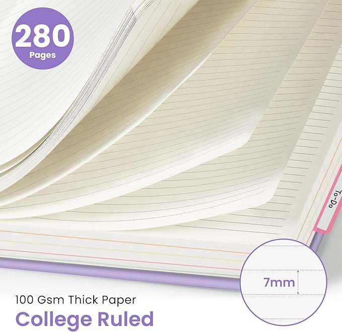 Hardcover Spiral Journal Notebooks for Work With Removable Dividers & Tabs, 8.5"x11" 5 Subject Notebook for Note Taking & Organizer, A4 College Ruled Lined Journal for Women & Writing, Lilac Purple, 280 Pages