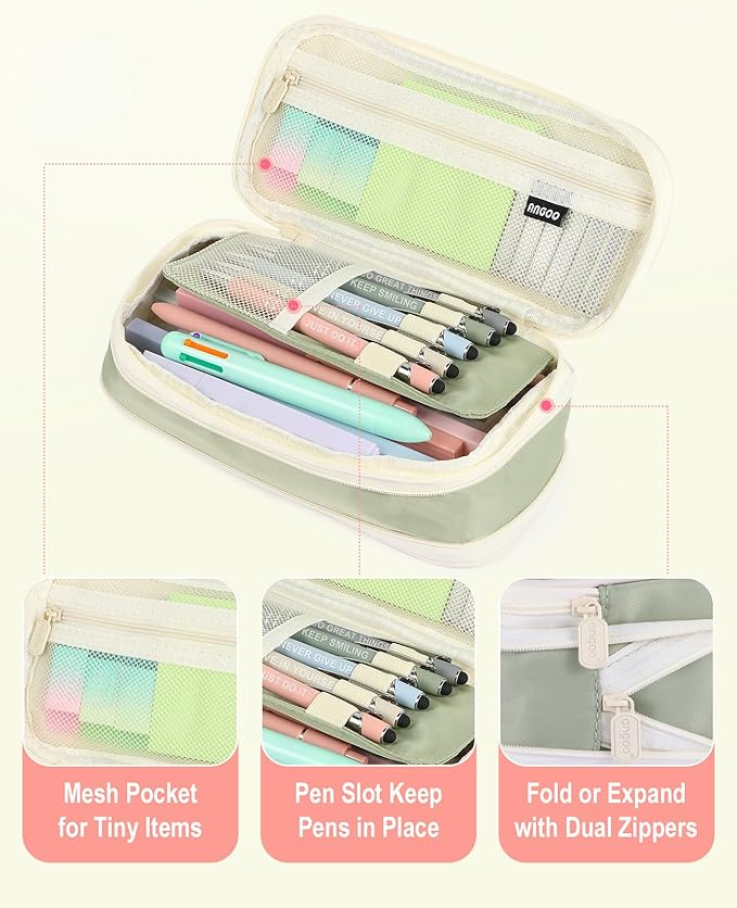 56 PCS Aesthetic School Supplies with Pencil Case, 5 Inspirational Ballpoint Pens, 12 Pastel Highlighters, 5 Black Ink Gel Pens, 6 Mechanical Pencils 0.5-0.7mm Preppy School Supplies Xmas Gift(Green)