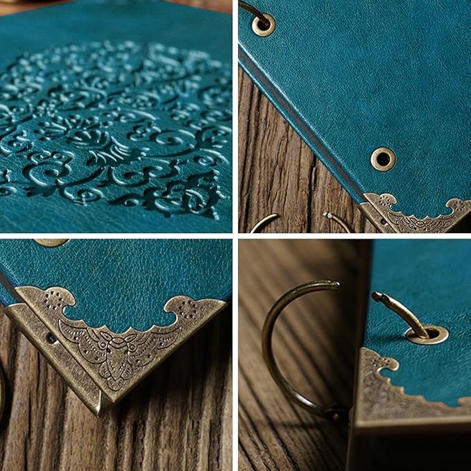 Photo Album DIY Scrapbook, 10x10 inch 50 Pages Vintage Leather Cover Three-Ring Binder Love Picture Booth Albums with 408pcs Self Adhesive Photos Corners for Memory Keep, Heart (Jasper Green)