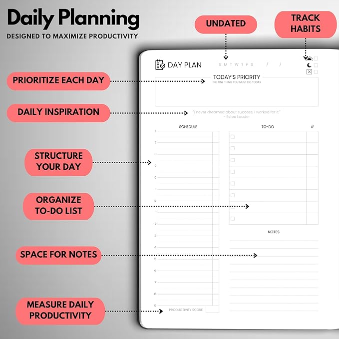 Undated Daily Planner – 6-Month A5 Productivity Organizer with Full Page Per Day, Hourly Schedule, Goal Setting, Habit Tracker, Weekly & Monthly Pages – Hardcover Time Management Notebook (Red)