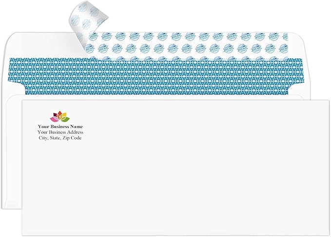 Aimoh #10 Custom Printed Security Tinted Self–Seal Envelopes - Personalized with Logo and Address/Return Address Imprinted -Size 4-1/8 X 9-1/2" -White -24 LB -Box of 2500 Count (7-34010-2500)