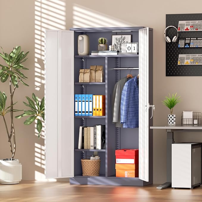 Greenvelly Metal Storage Wardrobe Cabinet with Lock, 72" White Grey Metal Wardrobe Closet for Hanging Clothes with Doors and Shelves, Modern Clothes Closet for Home, Office and Bedroom, School,Gym