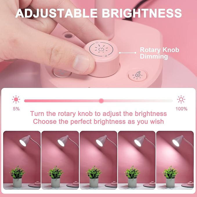 BOHON Cute Desk Lamp with USB Charging Port, Pink Lamp 3 Color Modes Dimmable LED Reading Lamp, Flexible Gooseneck Auto Dimming Table Task Light for Home Office Dorm Bedside, Pink