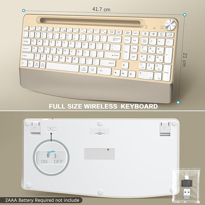 Ergonomic Wireless Keyboard and Mouse with Wrist Rest，Phone Holder - 2.4GHz Full-Sized Low-Profile Quiet Gold Wireless Mouse and Keyboard Combo for Computer, Laptop, PC, Mac-Gold