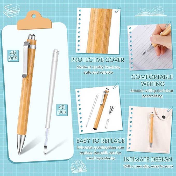 Fainne Bamboo Retractable Ballpoint Pen Engraving Wooden Black Ink 1mm Thank You Wooden Pens Writing Office School Supplies for Teacher Coworker Student Journal Graduation Gifts(40 Pcs)