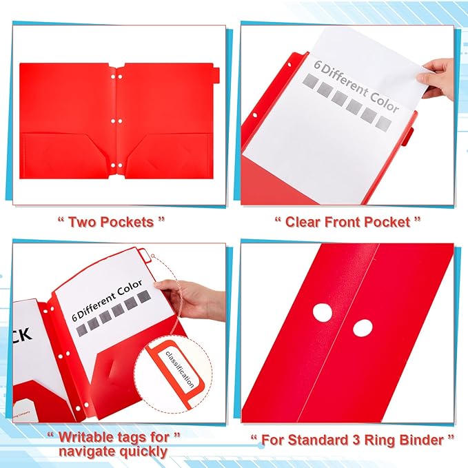 Honoson 12 Pcs Plastic Folders with Clear Front Pocket 3 Hole Punched Folders for 3 Ring Binder 1/6 Cut Tabs for Office Classroom (Bright Colors)