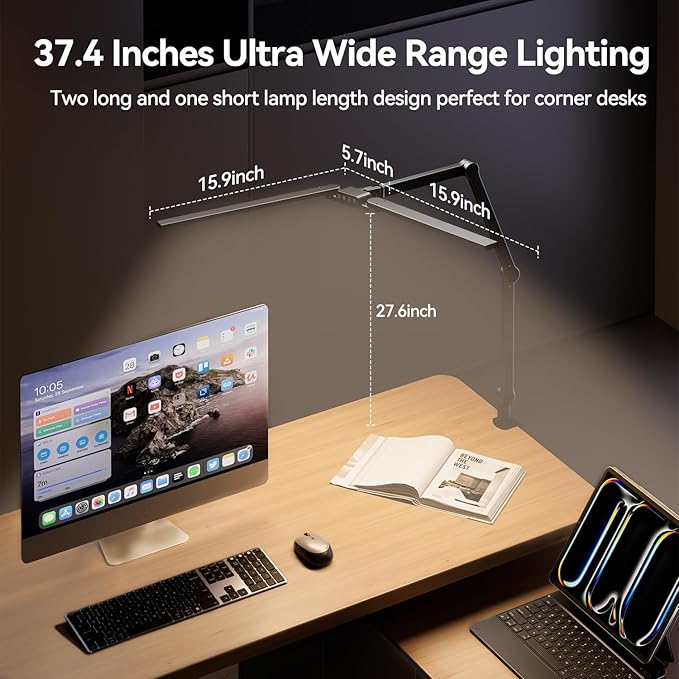 LED Architect Desk Lamp with Clamp - 24W Ultra Bright Adjustable Swing Arm Light for Home Office, 3000 Lumen Auto Dimming Computer Lamp with Stepless Touch Control, Rotatable for Video Calls, Drafting