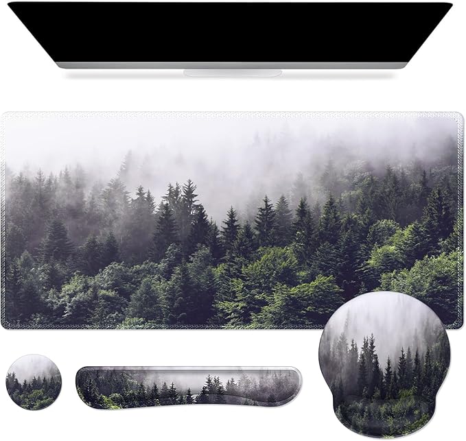 iCasso Desk Mat, Gaming Mouse Pad Wrist Support Set,4in1 XXL Large Mousepad + Keyboard Wrist Rest+Mouse Wrist Rest+Coaster Set with Ergonomic Design for Home Office Table Computer-Forest