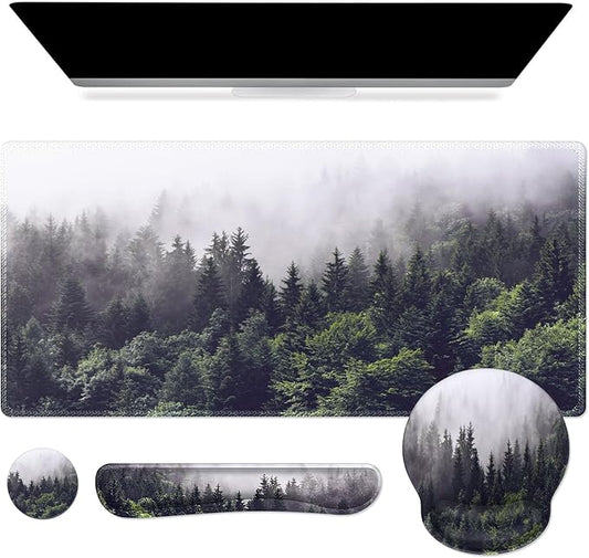 iCasso Desk Mat, Gaming Mouse Pad Wrist Support Set,4in1 XXL Large Mousepad + Keyboard Wrist Rest+Mouse Wrist Rest+Coaster Set with Ergonomic Design for Home Office Table Computer-Forest