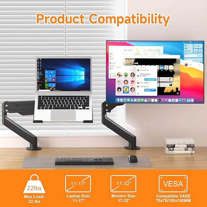 suptek Laptop Desk Mount,Fully Adjustable Monitor and Laptop Mount Stand for 11-17 Inch Notebook and 17-32 inch Monitor Screen,Holds 22lbs with Vented Tray
