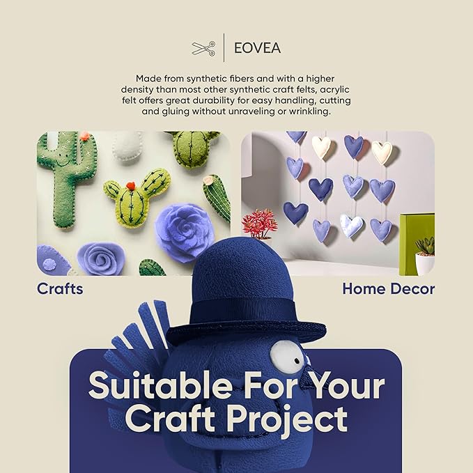 EOVEA | Acrylic Felt Fabric by The Yard - Non-Stiff, Soft Material - 72" Wide - 1.6mm Thick Felt Sheets for DIY Crafts, Sewing, Upholstery, Cushion, Padding(Navy Blue, Half Yard)