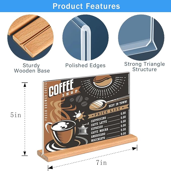 Kersally Acrylic Sign Holder 7 x 5'', 3 Pack Double-Sided Clear Table Display Stands with Wood Base,Horizontal Acrylic Frame Menu Flyer Paper Holder for Store, Restaurant, Hotel, Office, Show Fair