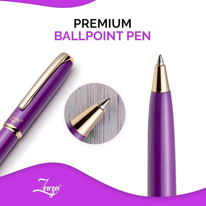 ZenZoi Purple Ballpoint Pen – Beautiful Pen w/Gold Trim. Nice, Smooth Writing Schmidt Ink Refills. Fancy, Luxury Pen Gift Set for Women, Men. Retractable, Professional, Journaling Pen
