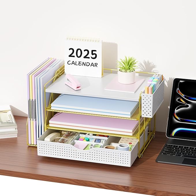 Wood Desk Organizers and Accessories with File Holder, 4-Tier Desk Accessories & Workspace Organizers with Drawer and Pen Holder, Paper Organizer for Office Supplies (Gold)