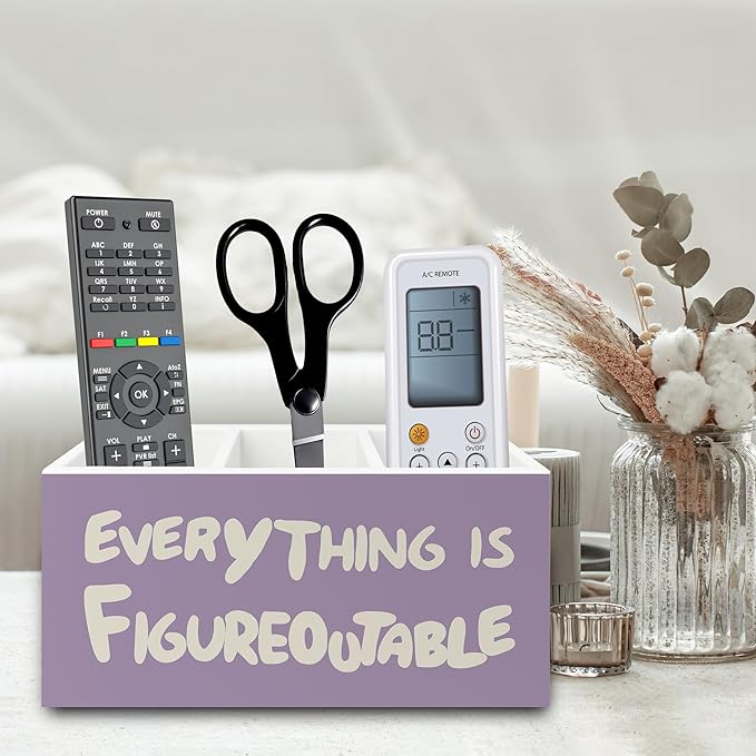 Purple Inspirational Pen Pencil Holder Organizer for Desk, Inspirational Gifts for Women, Everything Is Figureoutable Motivational Wooden Box Sign for Home Office Desk Tabletop Decorations