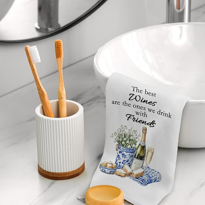 Chinoiserie Wine Kitchen Towels, Wine Lover Gifts Hand Towels for Kitchen Decor, grandmillennial Champagne Bottle Glass Decorative Dish Tea Towels for Home Bar, 16x24 Inch