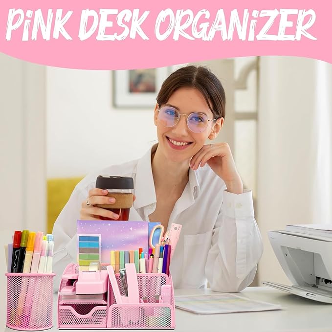 Pink Desk Accessories Set, 17Pcs Pink Office Supplies Kit Include Mesh Desk Organizer, Stapler, Tape Dispenser, Staple Remover, Pen Holder, Clips, Pens, Ruler, for Office Home School Women